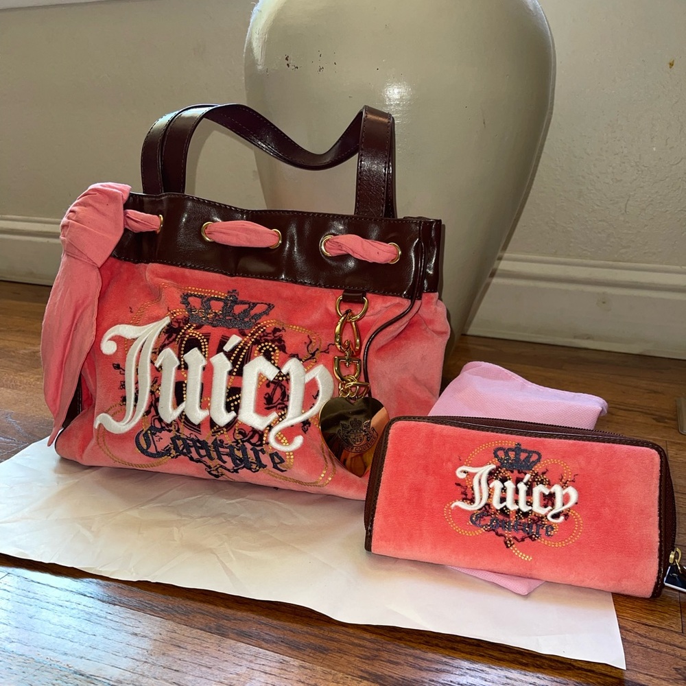 Y2K Peach Juicy Couture Velour Bag and Wallet Set